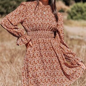 Supshe Ditsy Floral Print Ruffled Smocked Mini Dress, SIZE SMALL